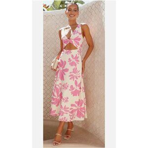 Billy J NWT Juniper Midi Dress Pink Floral Cut Out Dress Size 10 Resortwear